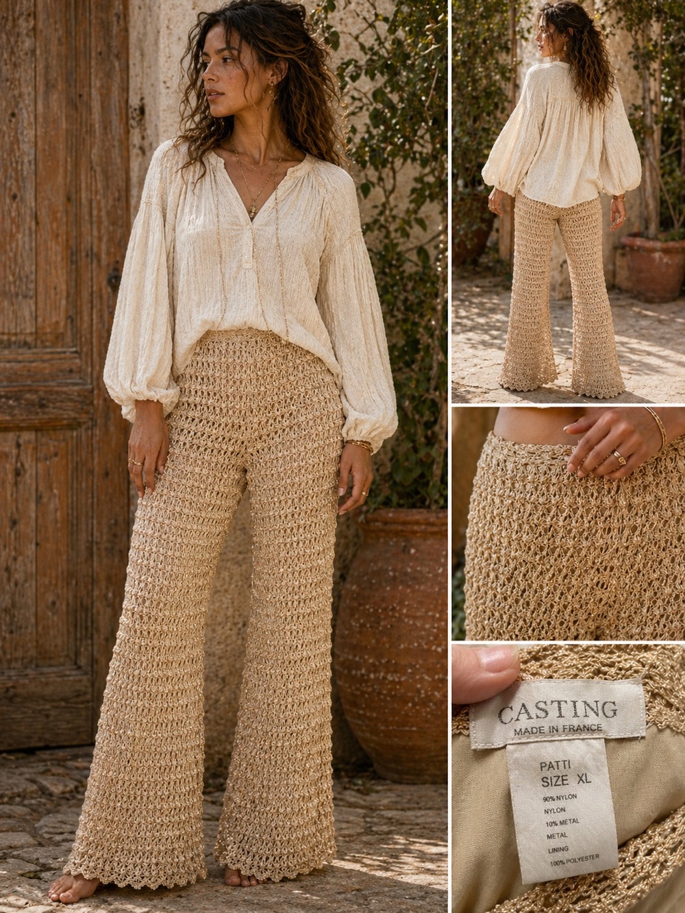 CASTING  Patti Gold Crochet Knit Flare Pants Size XL Boho Beach Festival
